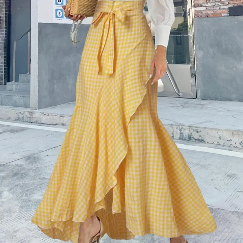 Women Summer Maxi Skirt Elegant Lace-up Ruffle Trim Maxi Skirt with Plaid Print Bow Tie Detail High Waist Irregular for Women 240806