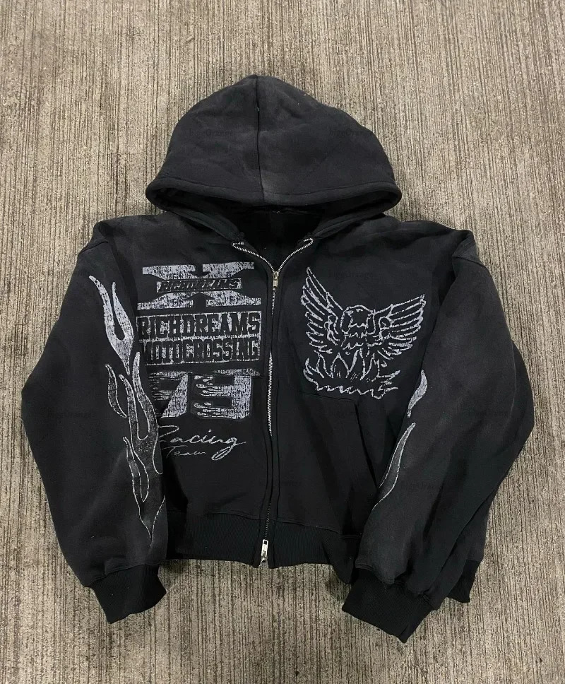Womens sports shirt Y2K Gothic punk Harajuku casual top loose zipper hooded womens street retro clothing flame print oversized 240812