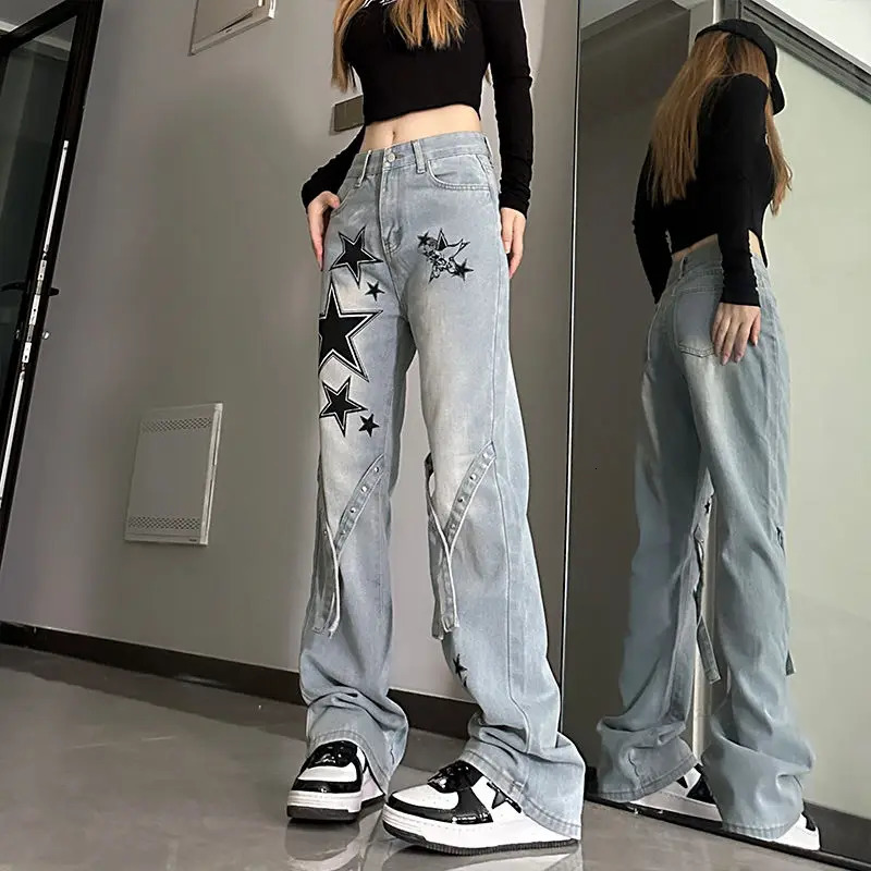 Harajuku Vintage High Waist Jeans Streetwear Women Clothing Y2k Patchwork Stars Prints Wide-leg Pants Casual Cargo Jeans 240806
