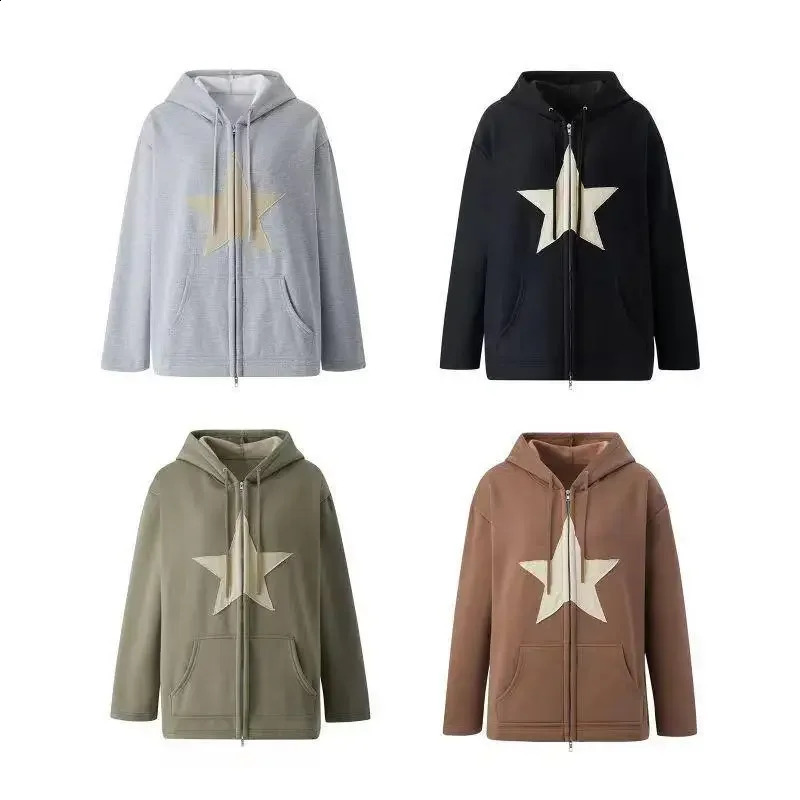 Women Vintage Star Print Hoodies Fashion Casual Zip Up Long Sleeve Loose Jacket Coats Harajuku Hooded Sweatshirts Y2k Streetwear 240806