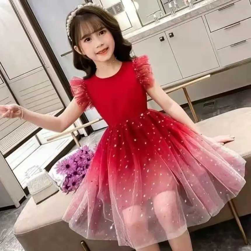 Girl Starry Sky Gradient Princess Dress Summer Sleeveless Fashion Gauze Dress New Year Childrens Birthday PartyW240720