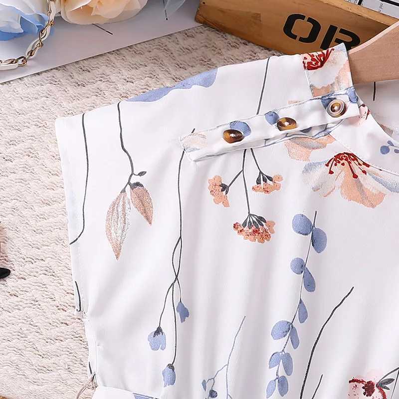 Childrens casual womens summer new childrens fashion floral print sleeveless white high waisted princess dress 7-14YW240720