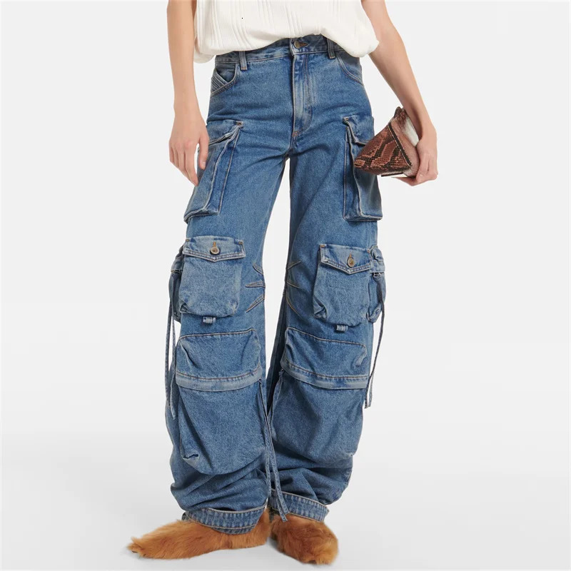 Womens pants autumn in Vintage washed pure cotton Womens jeans Multi pocket decoration low waist cargo pants Trousers 240806