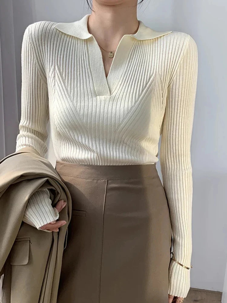Korean Elegant Women Slim Fit Solid Color Knitted Top Fashion Polo Neck Long Sleeved Womens Pit Knitted Shirt Autumn and Winter 240806
