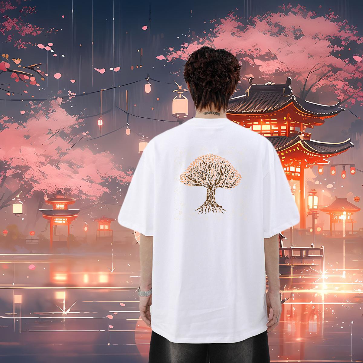 New T-Shirts for Men 230g Cotton tree Street wear Hip Hop Tees Crew Neck Loose Men Tshirts Customized