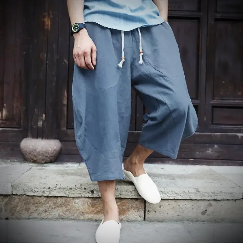 Casual Cotton Linen Sevenquarter Pants Trendy Chinese Style Mens Wide Leg Shorts Summer 240806