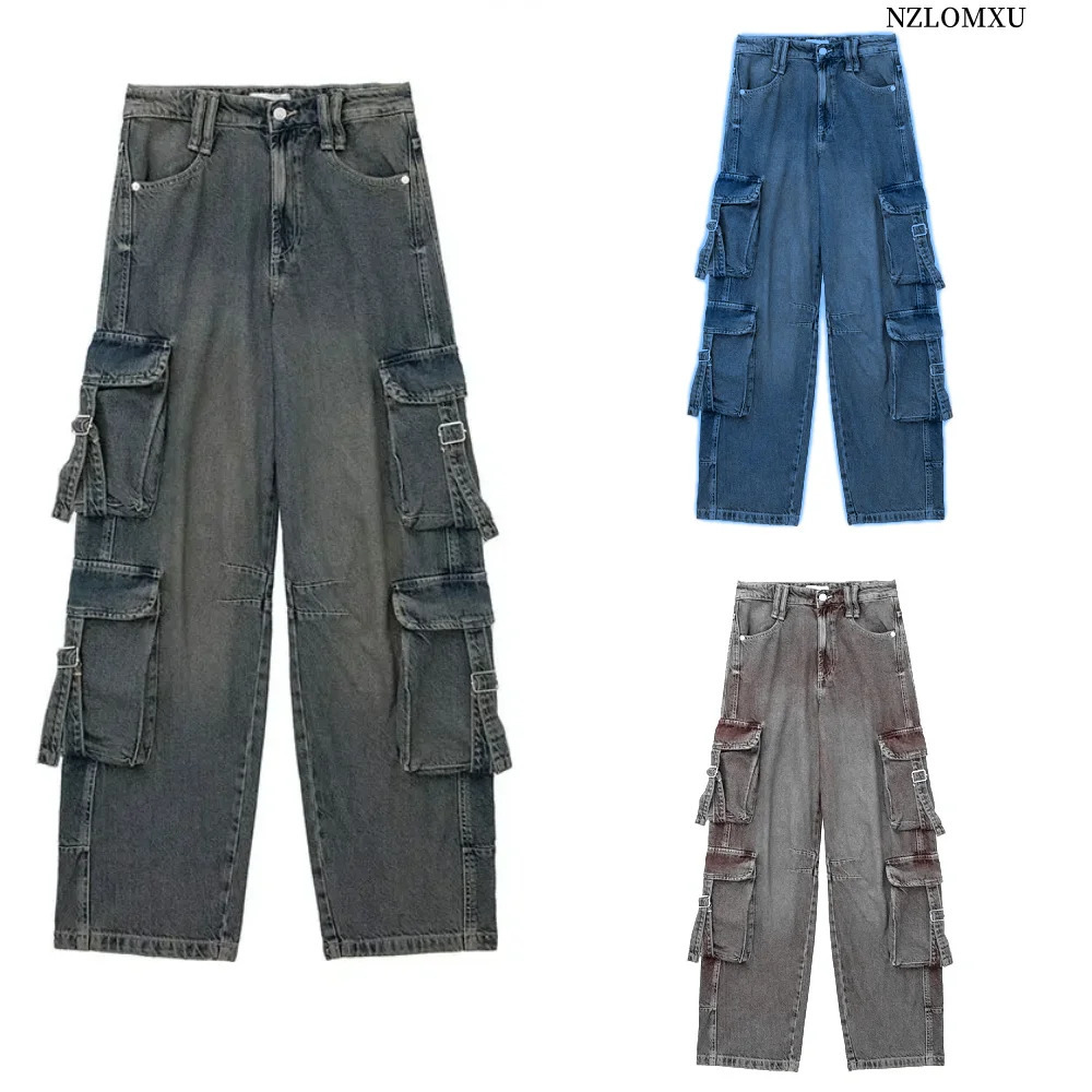 Spring Autumn Woman Pocket Workwear Denim Cargo Long Pants Fashion Mid Waist Vintage Casual Street Loose Trousers 240806