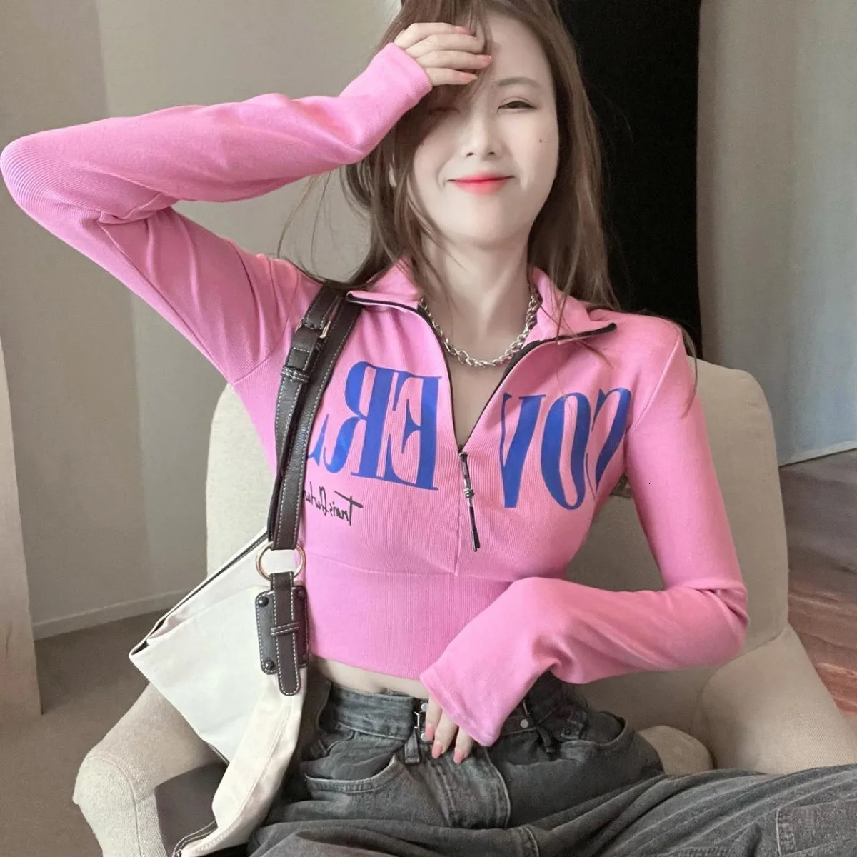 Zipper hoodie polo shirt womens sports shirt long sleeved Y2k crop top streetwear sexy tight Pullover Korean Kawaii clothing 240827