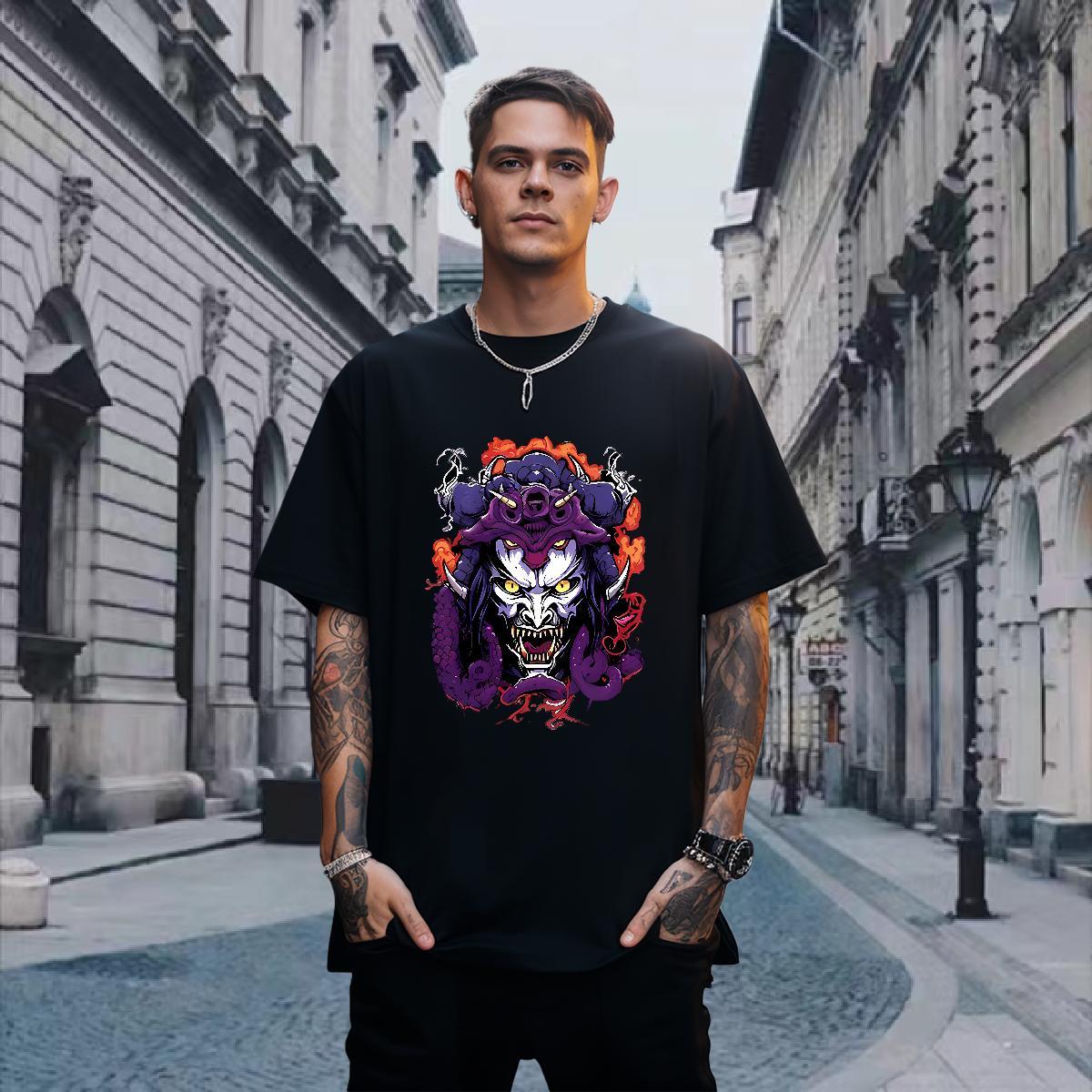 T-Shirts for Men 230g Pure Cotton Terror, Purple Dragon,Flame Casual Daily Wear Breathable Crew Neck Plus Size Cartoon Men Tops Tees Fashion Designer 