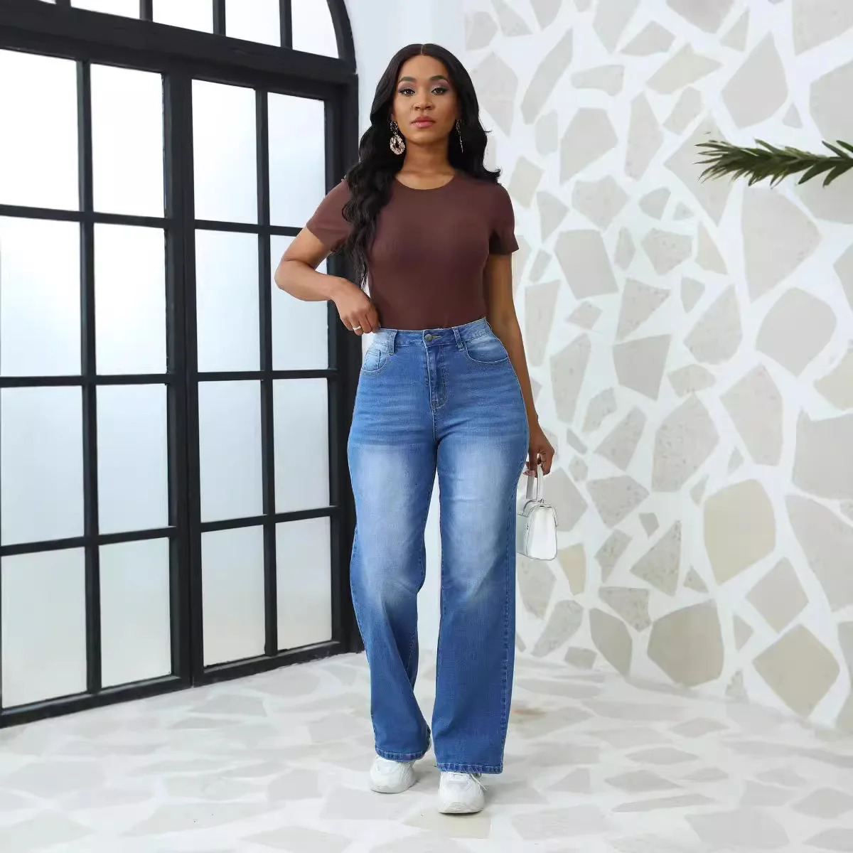 Elastic Straight Jeans Women Fashion Vintage Mid Waist Denim Trousers Mujer Blue Jeans Pants 240806