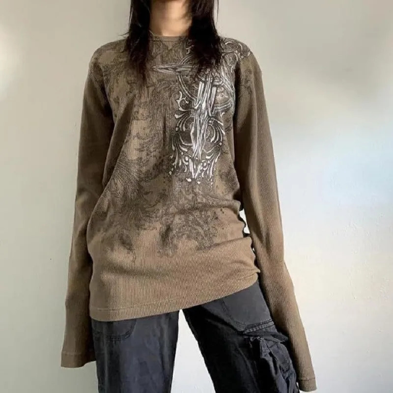 Retro Goth Pattern Long-sleeved T-shirt High Street Dark Punk Y2k 90s Harajuku O-Neck Loose Tops women Clothes vintage summer 240806
