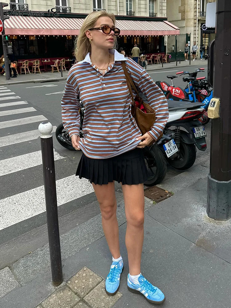Mnealways18 Stripe Polo Collar Streak Sweater T-Shirts Street Style Fashion Women Long Sleeves Pullover Tops Autumn Ladies 240806