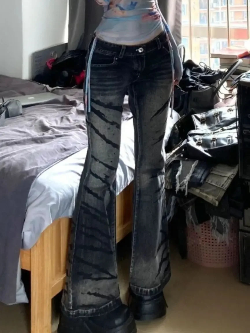 Graffiti Zebra Striped Printed Flare Jeans Denim Pant Slight Bootcut Bell Bottom y2k pants harajuku punk gothic grunge aesthetic 240806