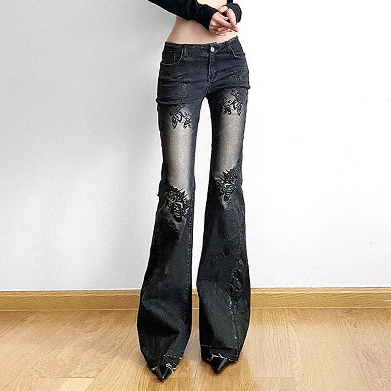 Darlingaga Fairycore Vintage Floral Skinny Flare Jeans Denim Low Rise Y2K Chic Aesthetic Women Trousers Distressed Gothic Pants 240806