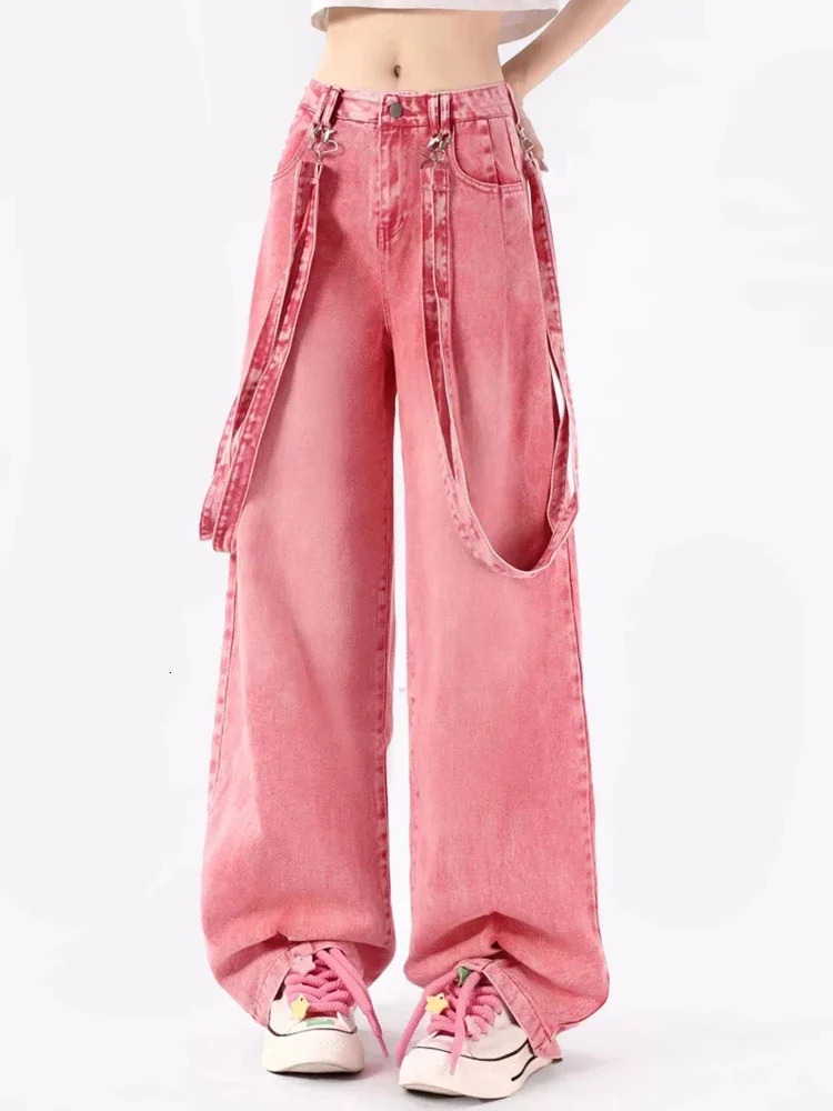 ADAgirl Pink Y2K Cargo Jeans Women Harajuku Oversize Vintage Belt Wide Leg Causal Denim Trousers Hip Hop Korean Straight Pants 240806