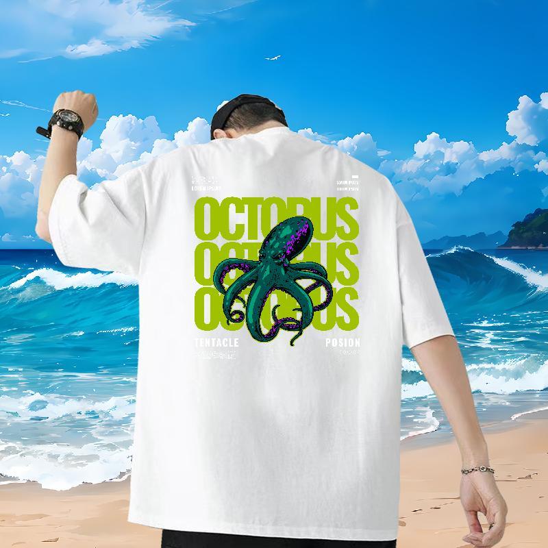 New Arrival Mens T Shirts 230g Pure Cotton octopus Street wear Hip Hop Polos Round Neck Short Sleeve Popular Tshirt for Man Woman White Plus Size