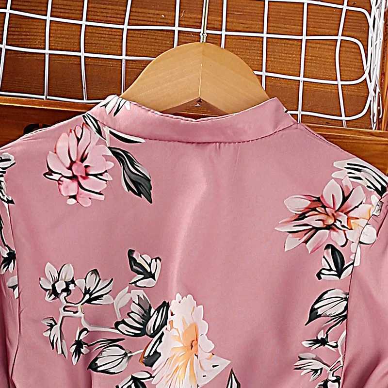 Girl 8-12 years old pink printed long sleeved pleated elegant vacation party dress for girlsW240720