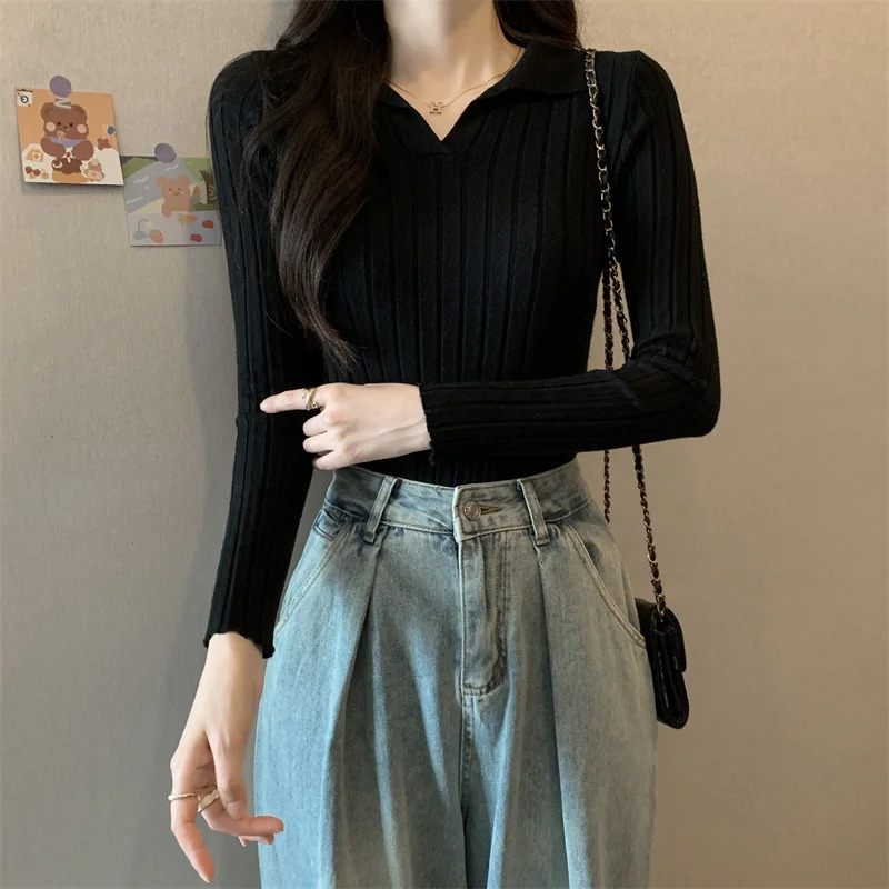 Autumn and winter womens fashionable polo shirt long sleeved slim fit top knitted sweater Y2k top T-shirt 240827
