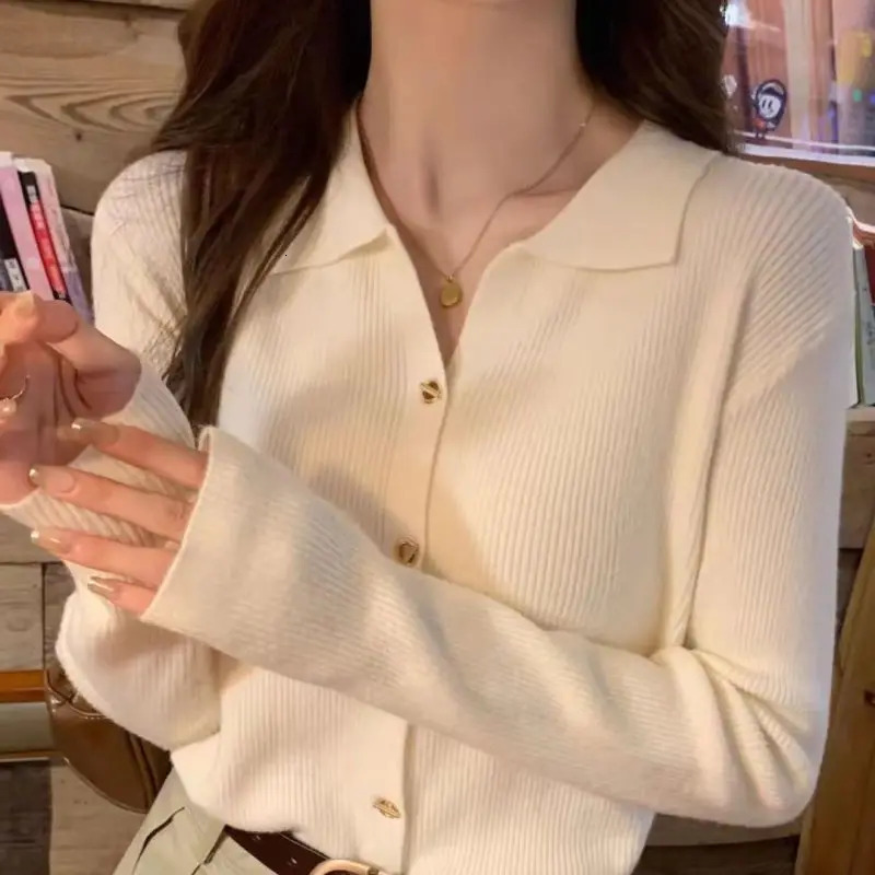 Summer Loose Casual Korean Retro Womens Shirt Solid Color Simple Button Collar Long Sleeve Y2K Fashion Top 240827