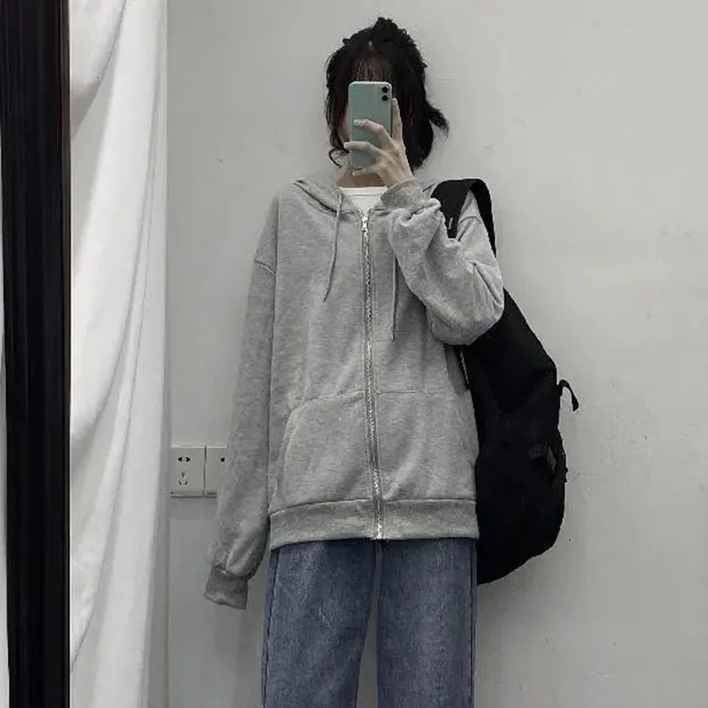 Autumn Womens Zipper Hoodie High Street Double Pockets Sweatshirts Outerwear Top Woman Grey Oversize Loose Hoodies Ladies 240806