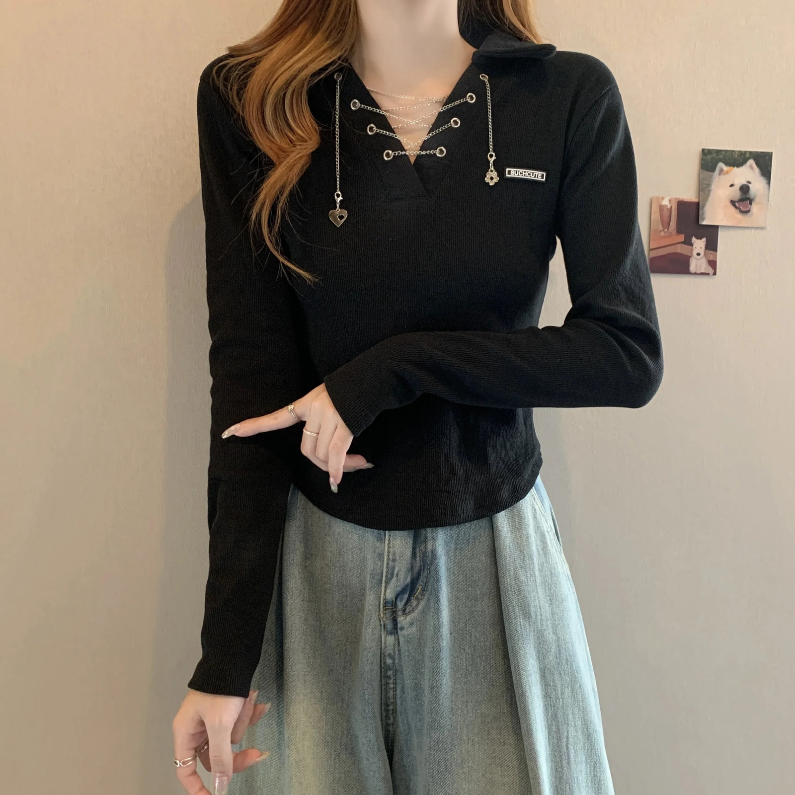 Fashion Womens Autumn Long Sleeve Solid Color Chain Polo Neck Knitted Ultra Thin Black T-shirt Kpop Y2k Top Harajuku 240827