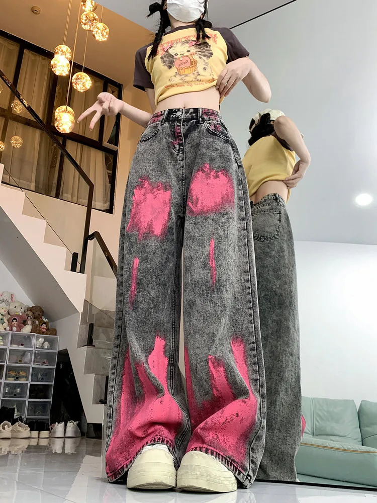 vintage clothes tie-dye jeans womens straight loose pants high street ins wide leg trousers fashion high street pants y2k women 240806