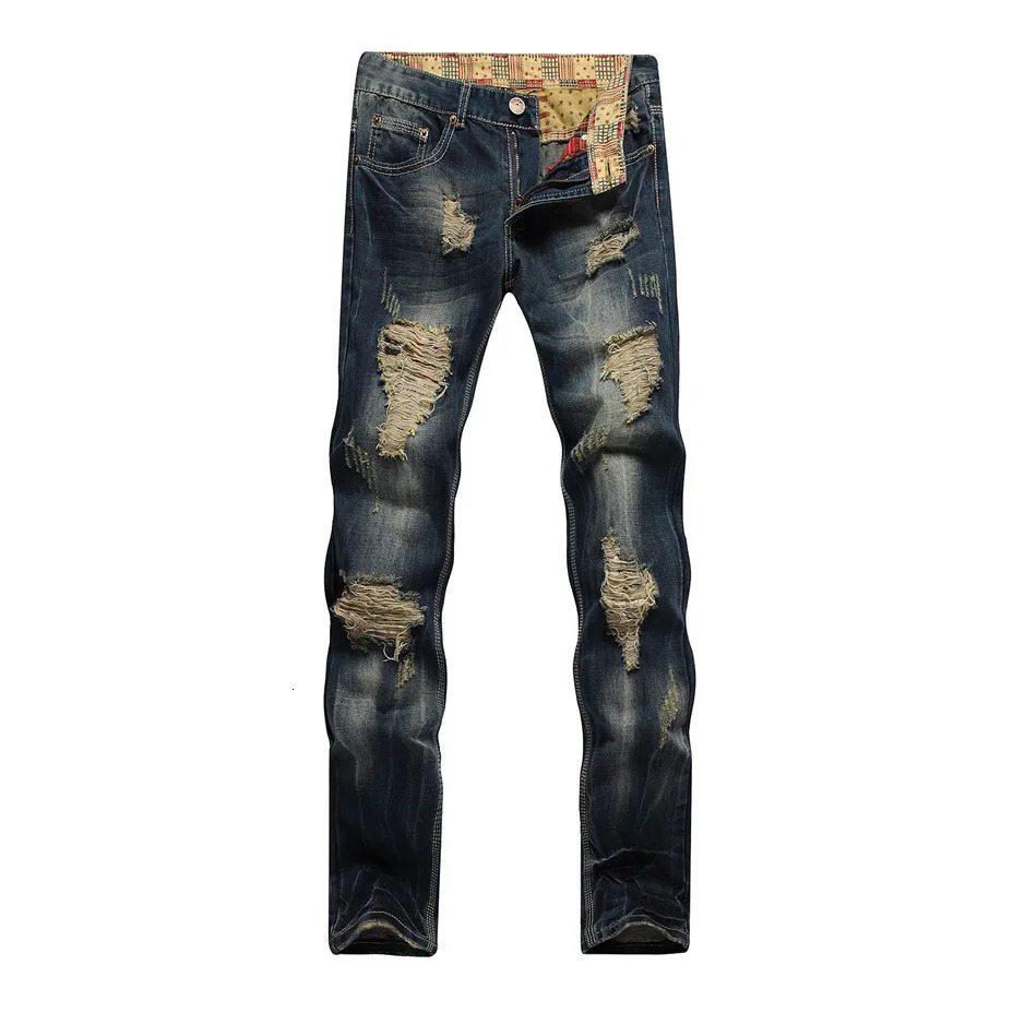 Men Ripped Denim Trousers Fashion Casual Jeans Straight High Quality Pencil Pants Vintage Dark Blue Color Male Dropship 240806