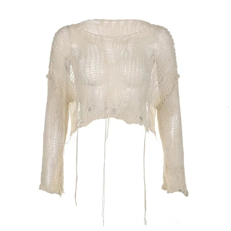 Boho Women Knitted T Shirt Y2k Hollow Out Loose Female Crop Tees Vintage Korean Ripped Long Sleeve All Match Ladies Jumpers 240806