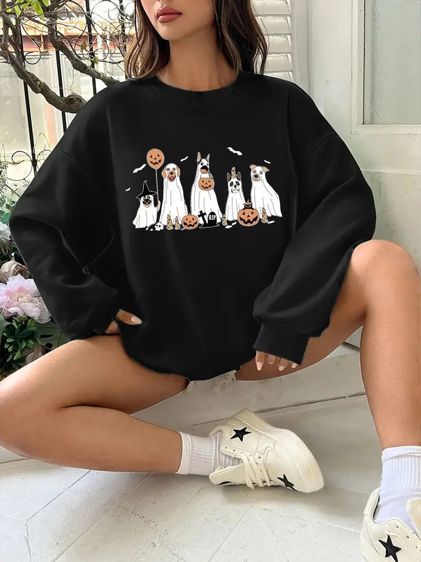 Creative Troublemaker Left Chest Print Round Neck Sweatshirt Women Thin Hooded Sweatshirt Y2K High Street Halloween Clothing 240806