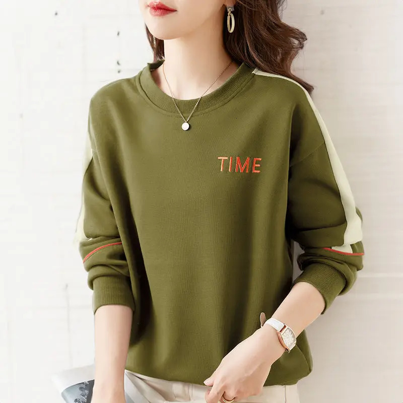 Korean Fashion Spring Autumn Womens O-Neck Letter Embroid Contrast Color Patchwork Casual Loose Long Sleeve Sweatshirts Tops 240806