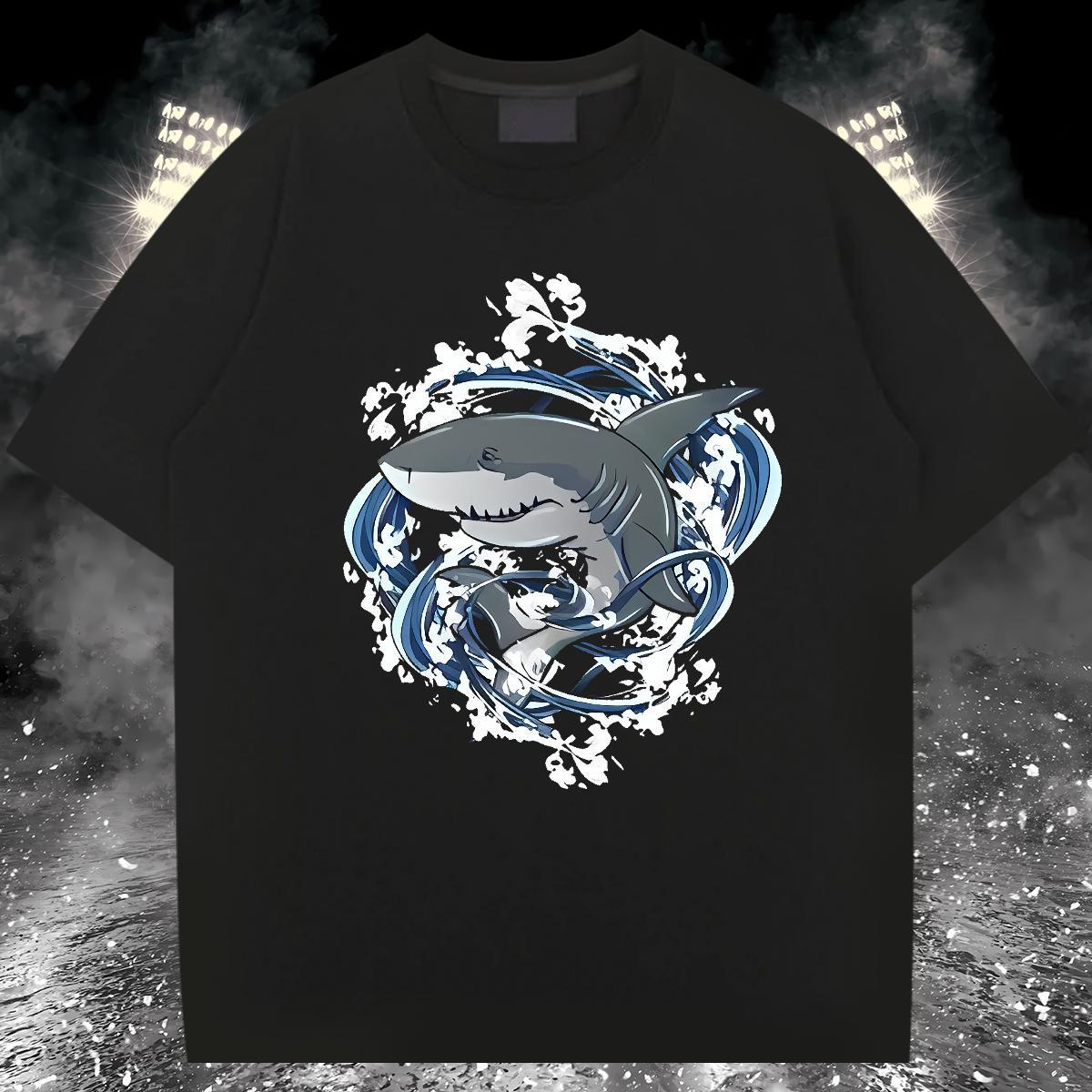 2024 T-Shirts for Men 230g 100% Cotton shark Anime Printing Street Tops Shirt Breathable Short Sleeve Comfortable Mens Tshirts Plus Size Custom