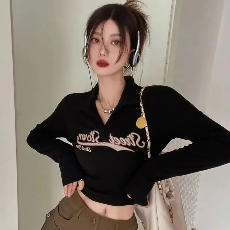 Vintage long sleeved T-shirt Y2k top ultra-thin polo shirt womens shirt aesthetic T-shirt street clothing Korean fashion sexy 240827