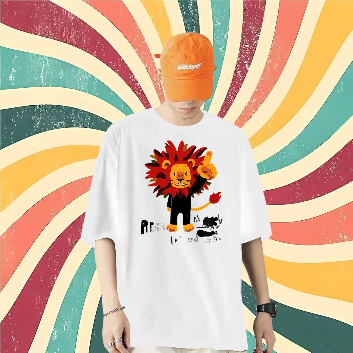 Casual New T-Shirts for Men 230g Cotton lion Hip Hop Street Tops O Neck Short Sleeves Comfortable Men Tees DIY Printed
