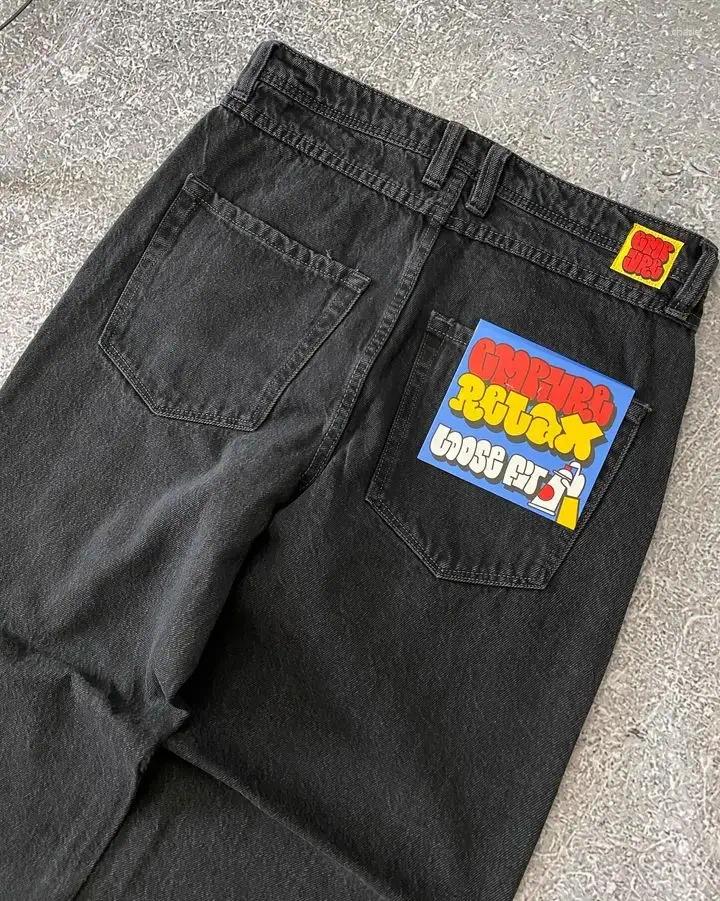Mens Shorts Streetwear Empyre Jeans Y2K Hip Hop Gothic Cartoon Graphic Embroidered Baggy Black Pants Mens Womens Wide Leg Trouser