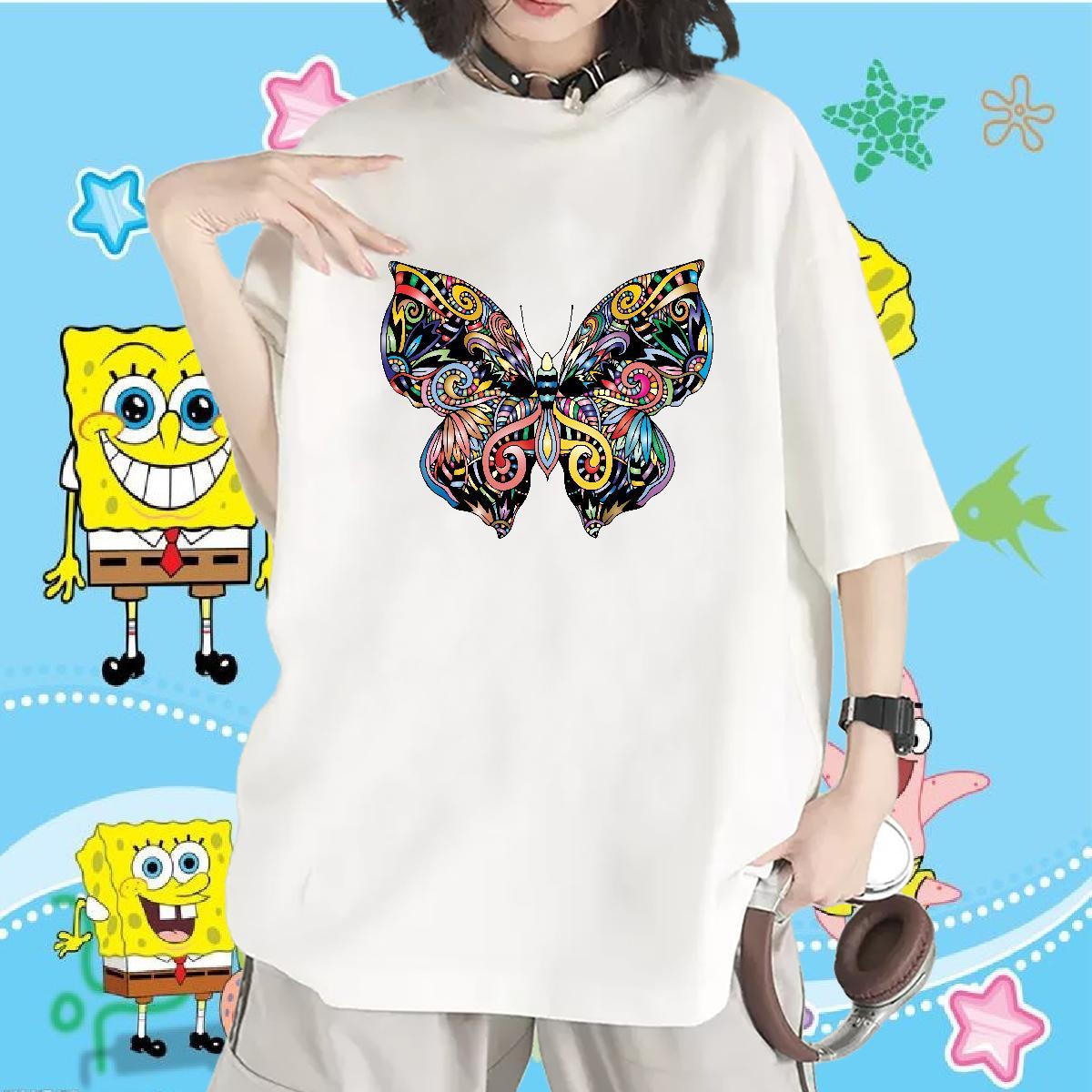 Popular T-Shirts for Women Breathable Womens Tshirts Black Oversized Butterfly Sports Casual 230g Cotton 2024 Clothings