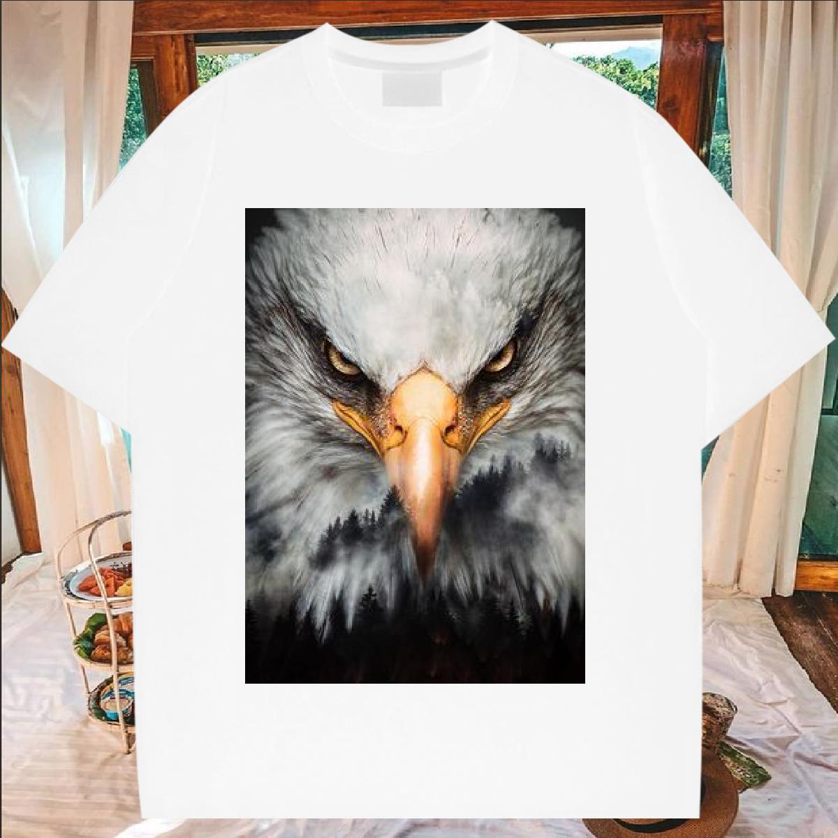 2024 New T-Shirts for Men 100% Cotton 230g eagle Sports Casual Tees Shirts O Neck Short Sleeves Comfortable Men Tees Cartoon Print