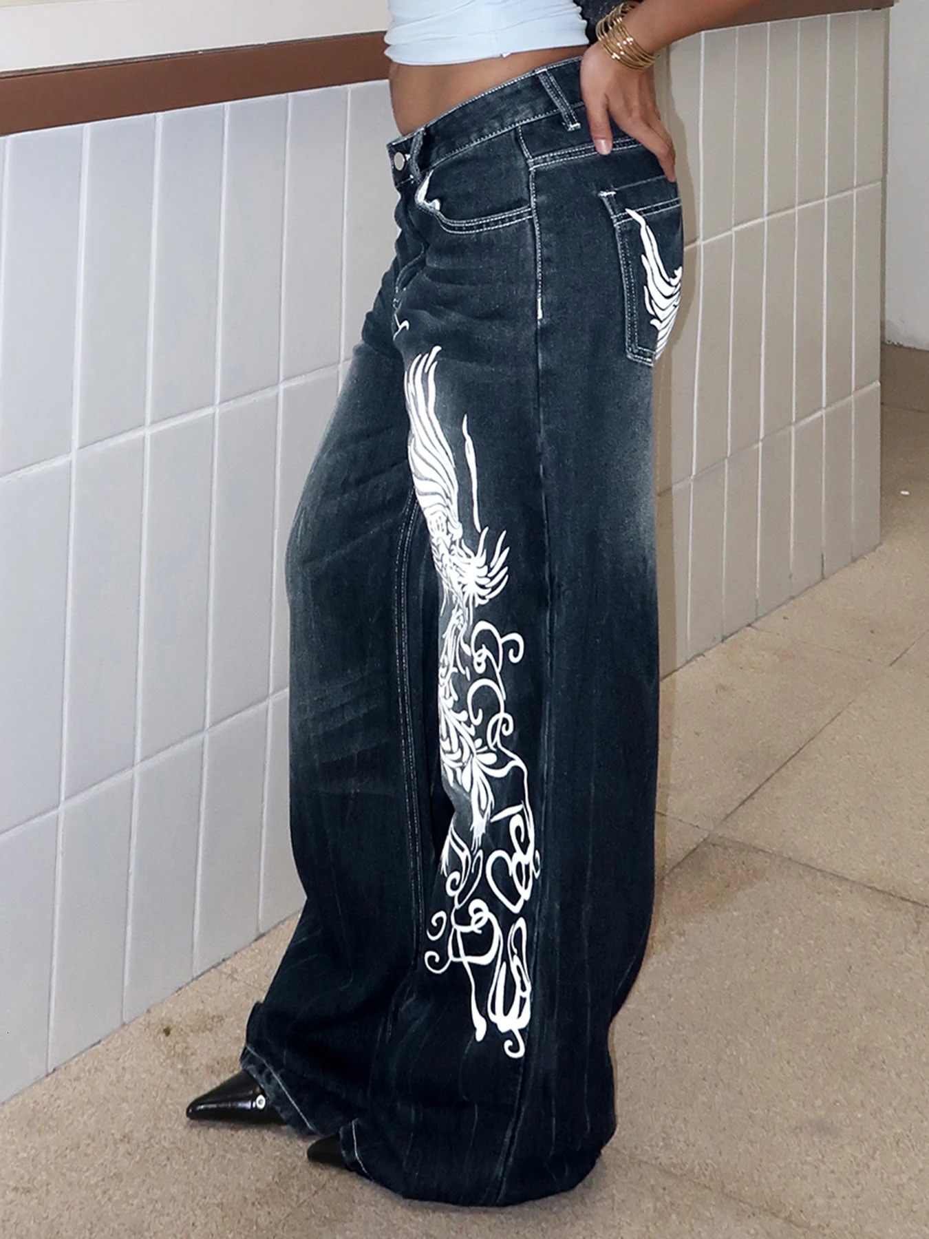 Rockmore Fashion All-match Printed Jeans Y2k Aesthetic Denim Long Trousers Vintage High Street Loose Hip Hop Wide-leg Pants 240806