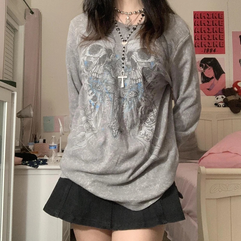 2000s Aesthetic Retro T Shirt E Girl Gothic Skulls Cross Graphic Grunge Long Sleeve Tops Y2K Vintage Mall Goth Fairycore Clothes 240806