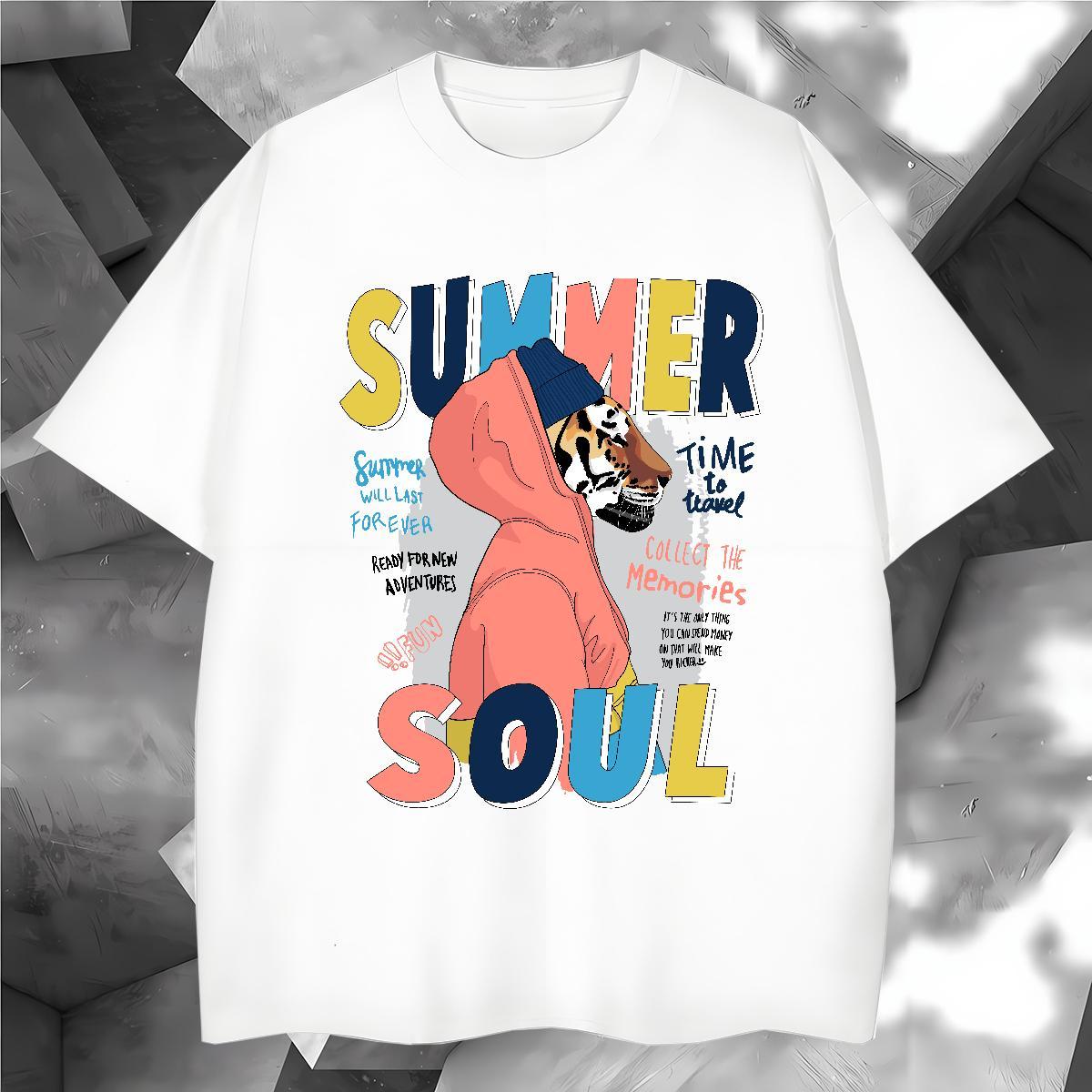 Mens T Shirts 230g Pure Cotton tiger Street Breathable Crew Neck DIY Anime Men Clothes T-Shirt Stylist High Quality Tops Tees