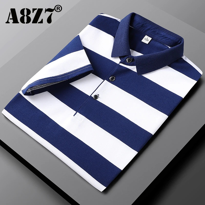 Summer Men Classic Striped Polo Mens Cotton Short-Sleeved Embroidered Business Casual Polo Shirt Male Drop 240809