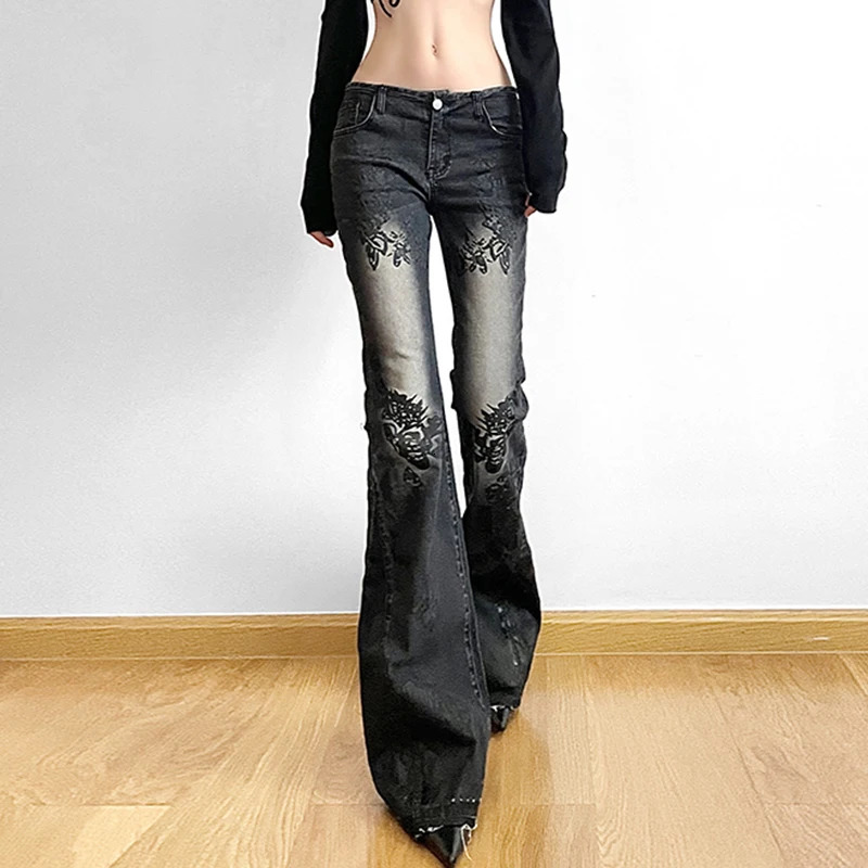 Darlingaga Fairycore Vintage Floral Skinny Flare Jeans Denim Low Rise Y2K Chic Aesthetic Women Trousers Distressed Gothic Pants 240806