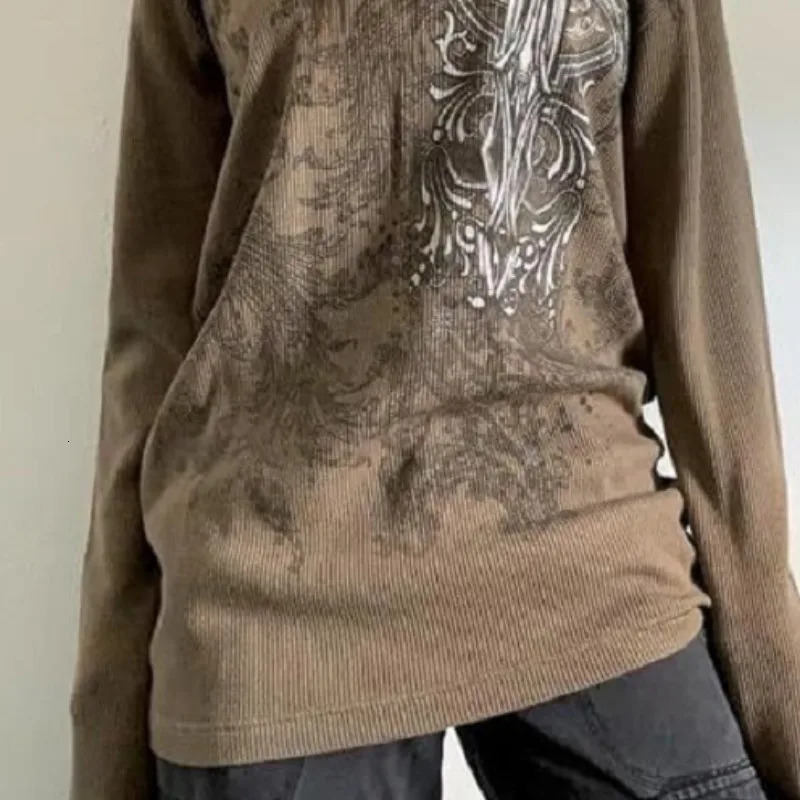 Retro Goth Pattern Long-sleeved T-shirt High Street Dark Punk Y2k 90s Harajuku O-Neck Loose Tops women Clothes vintage summer 240806