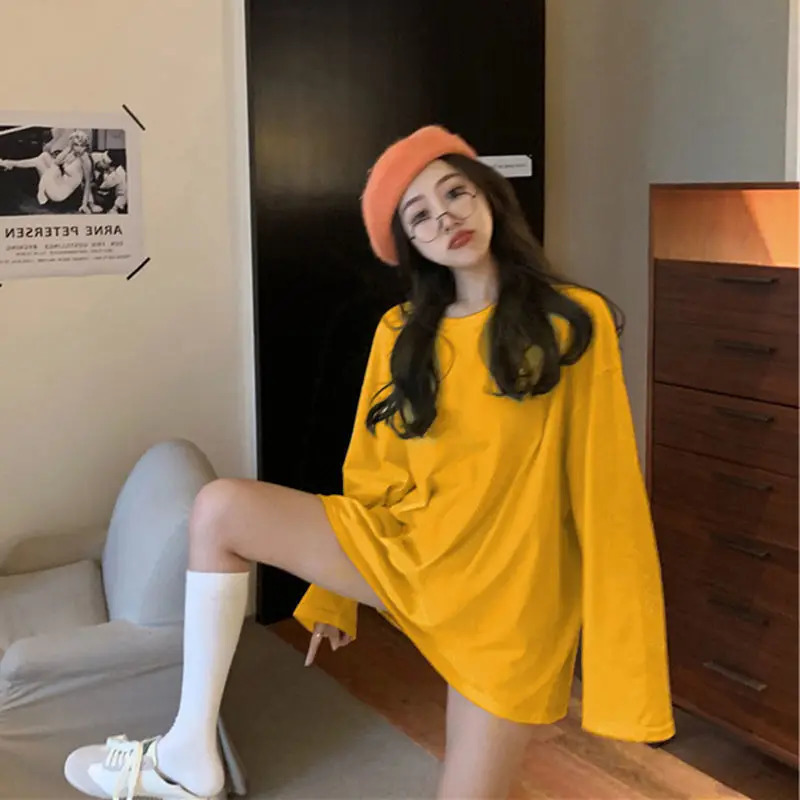 100%cotton Summer Tee T Shirt Women Kawaii T-Shirts Women Autumn Solid Simple Oversized Tshirt White Long Sleeve Tops 240820