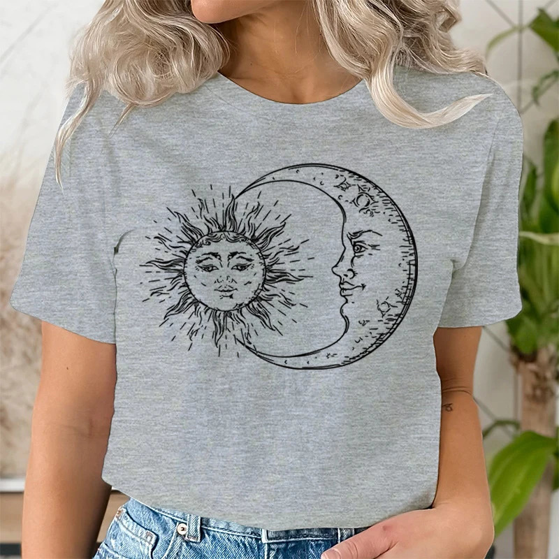 Sun Moon Face Print T Shirts Fashion Summer Casual Tops Punk Womens O-neck Tshirt Clothing Hip Hop Streetwear 2000s Clothes 240806