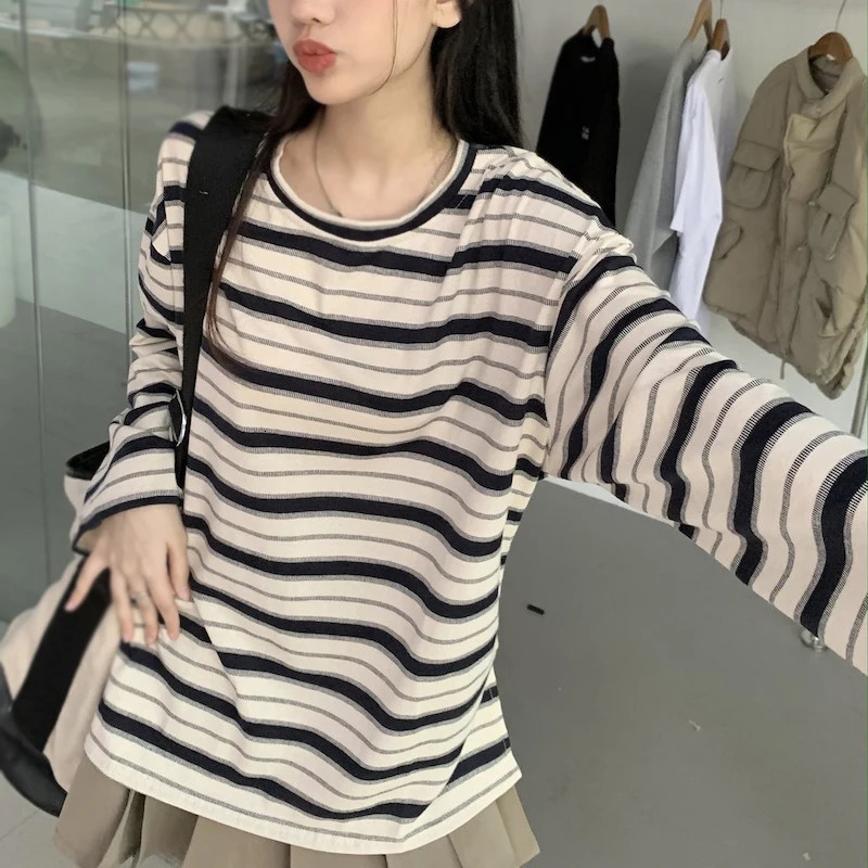 Spring Autumn Women T-shirts Long Sleeves Preppy Style O Neck Fashion Casual Stripe Tops 240806