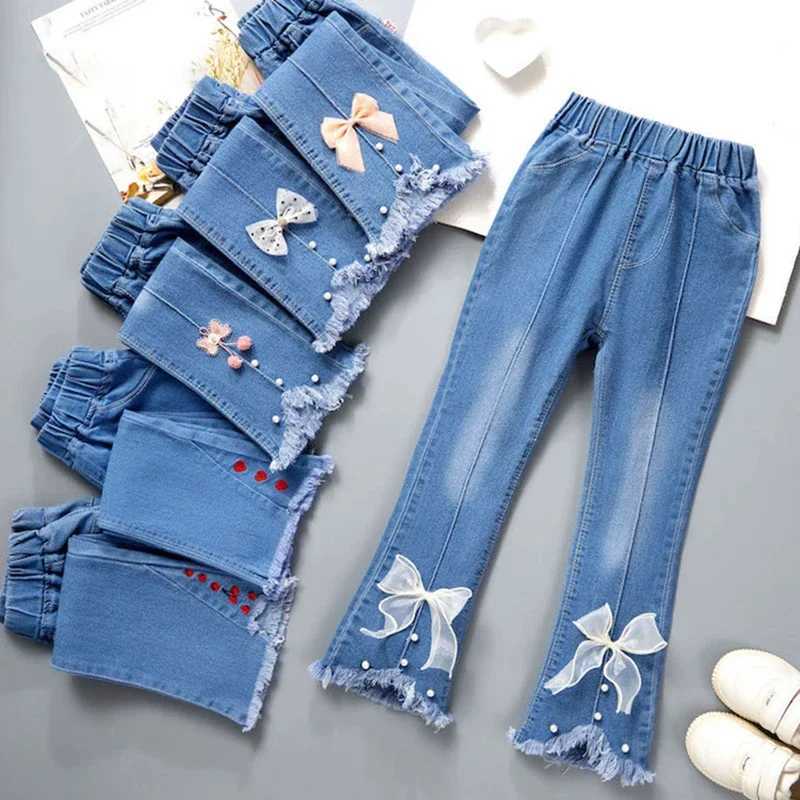 2024 New Autumn Elastic Kids Jeans Girls Cute Leisure Blue Denim Children Flared Pants Girl Clothes Trousers 4-10 Years W241227
