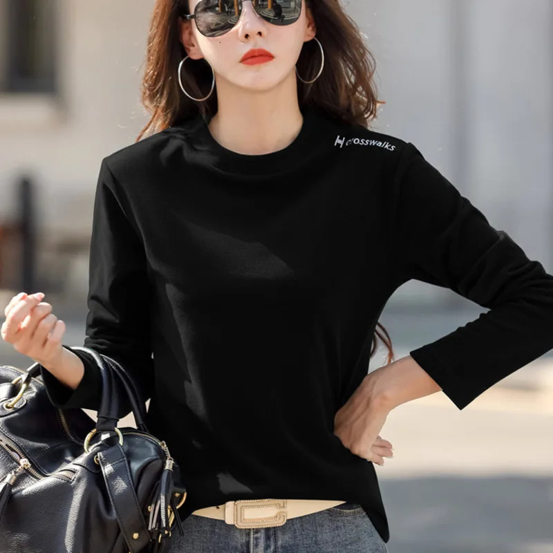 #0317 Autumn Winter Skinny T Shirt Women Warm Thick Casual T Shirt Femme O-neck Embroidery Letters Womens T-shirt Long Sleeves 240806