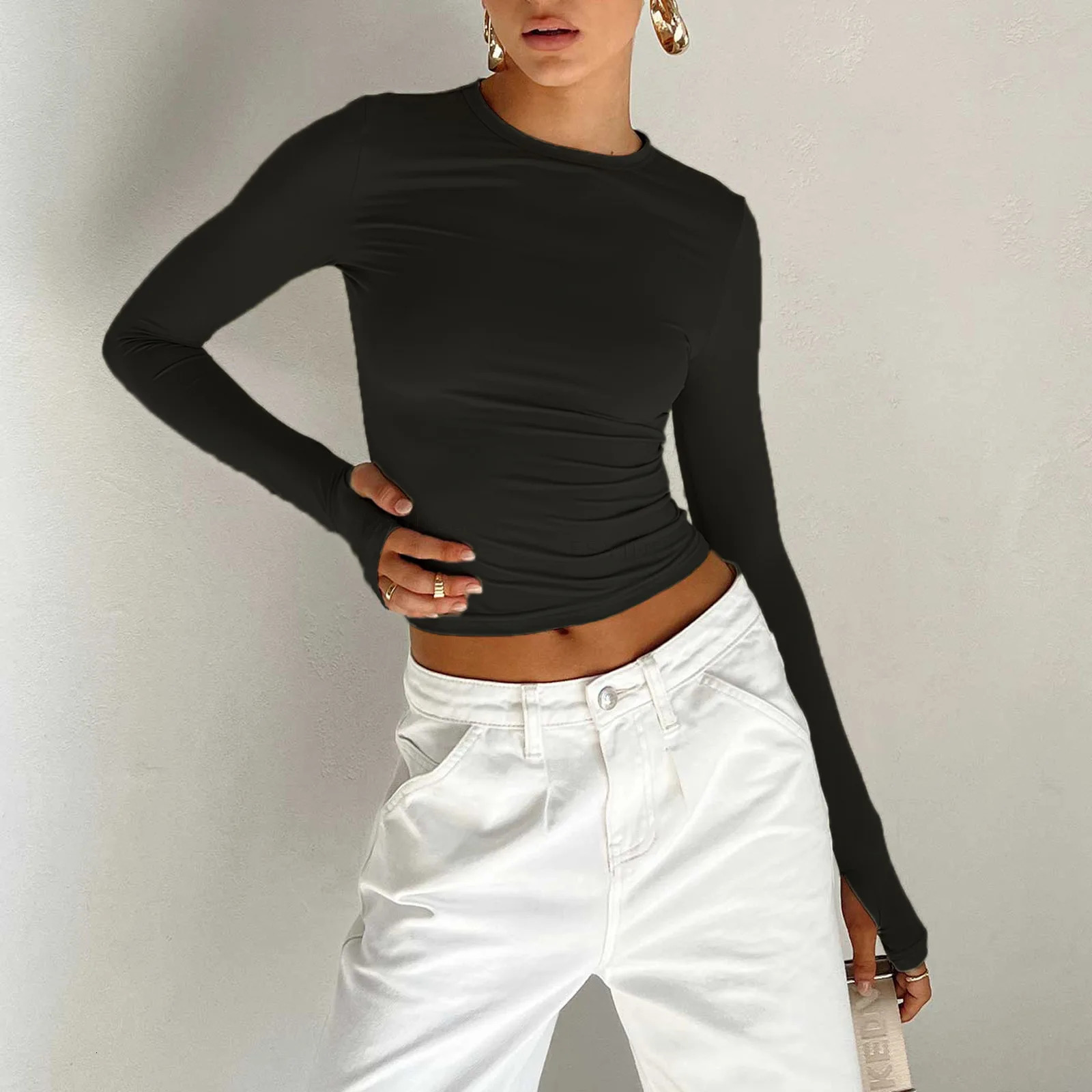 Women Long Sleeve Solid T-Shirt Slim Fit Casual Spring Autumn Pullovers Y2K Streetwear Cropped Bottoming Shirt Skinny Tops 240806