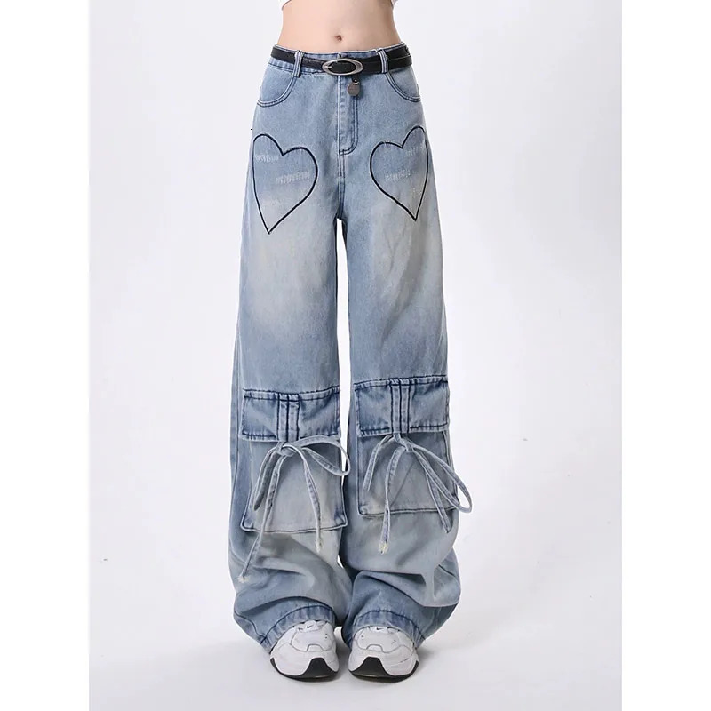 Blue Womens Jeans Hip-hop Fashion Vintage Streetwear Y2K Wide Leg Straight Jean High Waist Trouser Baggy Cargo Denim Pants 240806