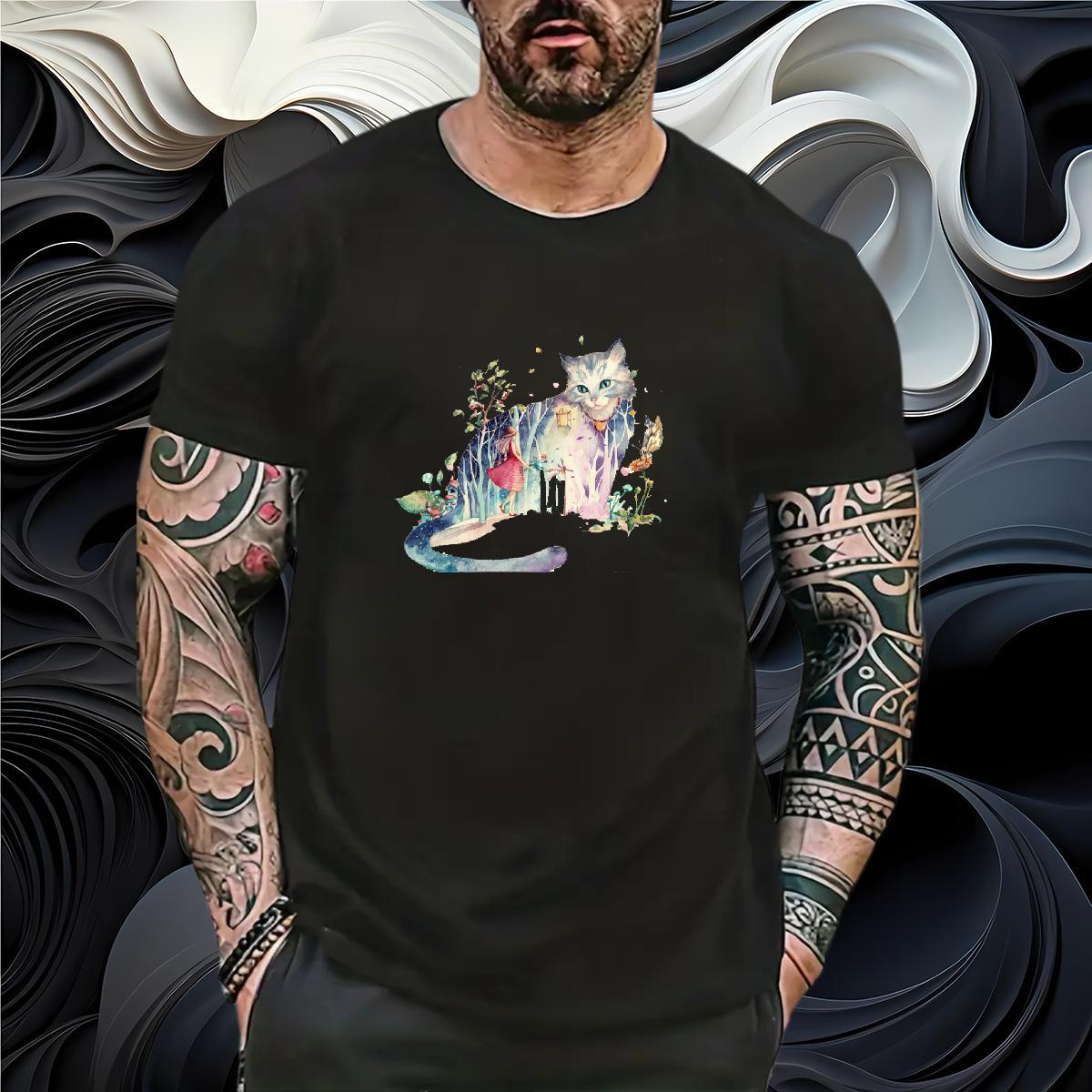 2024 New T-Shirts for Men 230g 100% Cotton cat Beach Tshirts Breathable Crew Neck Classic Couples T Shirts Oversized